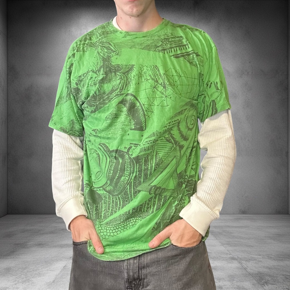 Tell The People All Over Print Graphic Tee Green Y2K Skater Streetwear Large